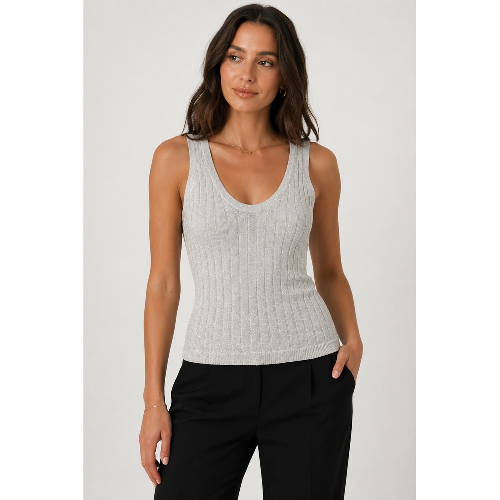 Zara Women Silver Metallic Ribbed Knit Scoop Neck Tank Top Large